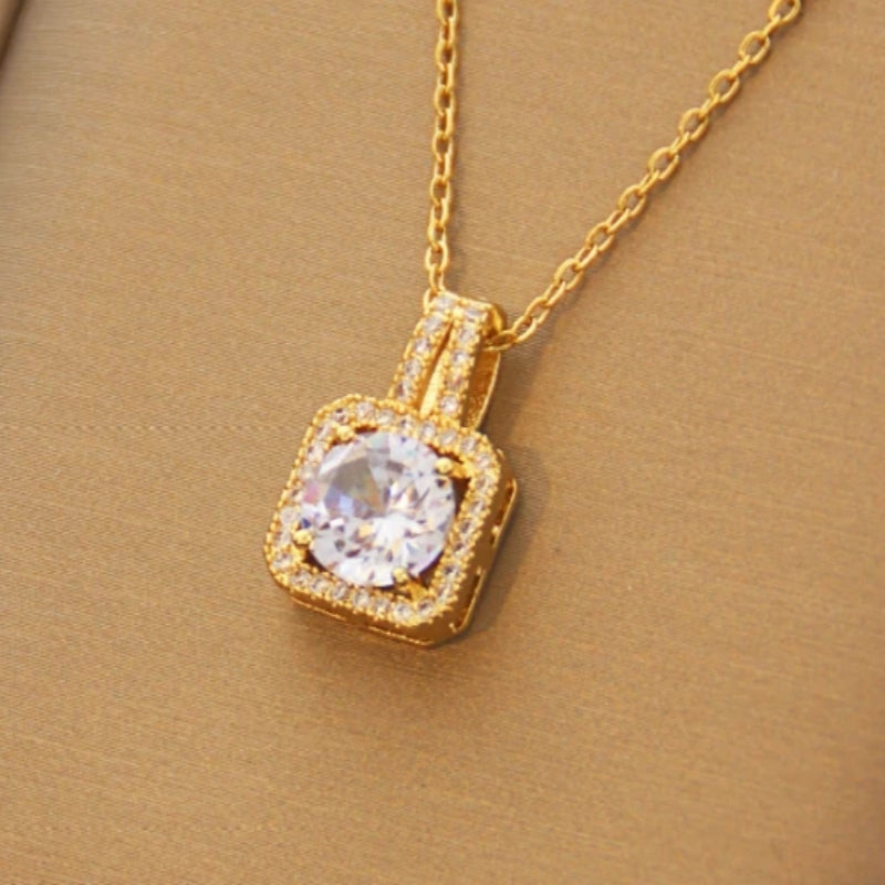 Classic Style Square Titanium Steel Plating Inlay Zircon Silver Plated Pendant Necklace