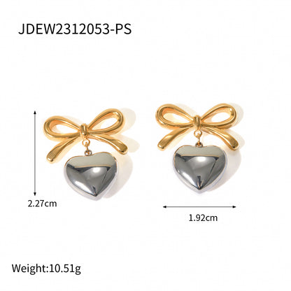 1 Pair Simple Style Heart Shape Bow Knot Plating Stainless Steel Drop Earrings
