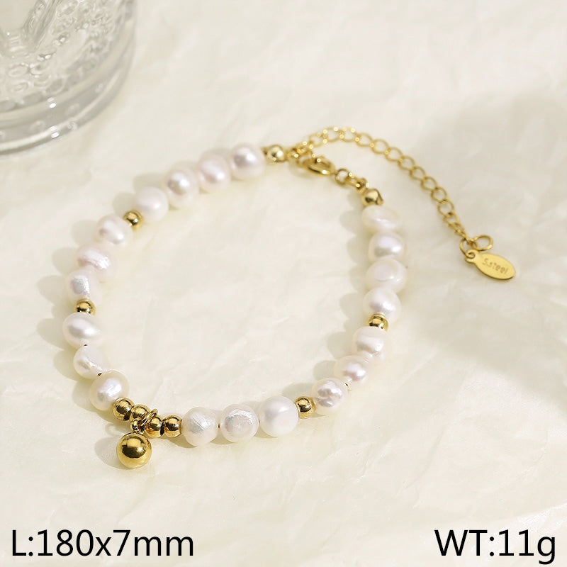 Elegant Simple Style Round Freshwater Pearl Titanium Steel Beaded Women's Bracelets Earrings Necklace