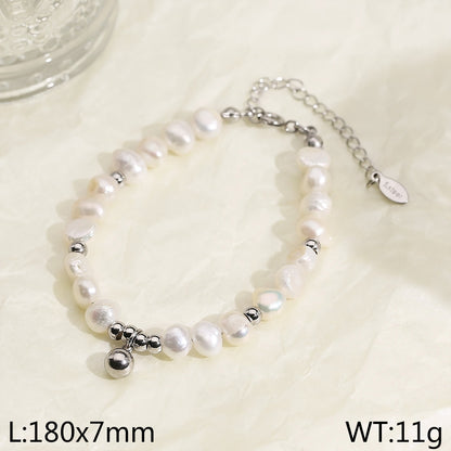 Elegant Simple Style Round Freshwater Pearl Titanium Steel Beaded Women's Bracelets Earrings Necklace