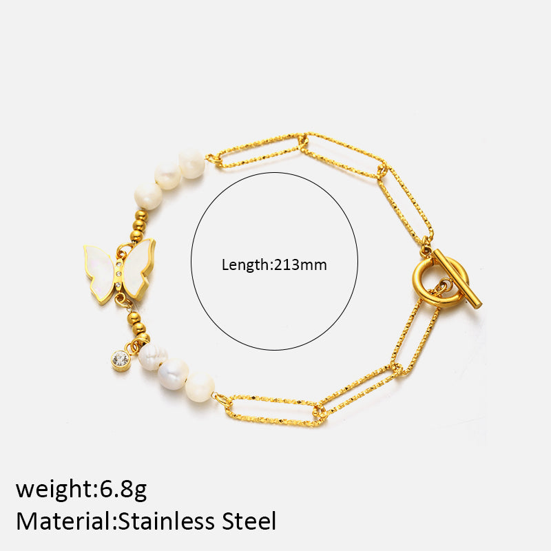 Elegant Simple Style Solid Color Butterfly Stainless Steel Beaded Plating Inlay Shell Zircon 14k Gold Plated Bracelets