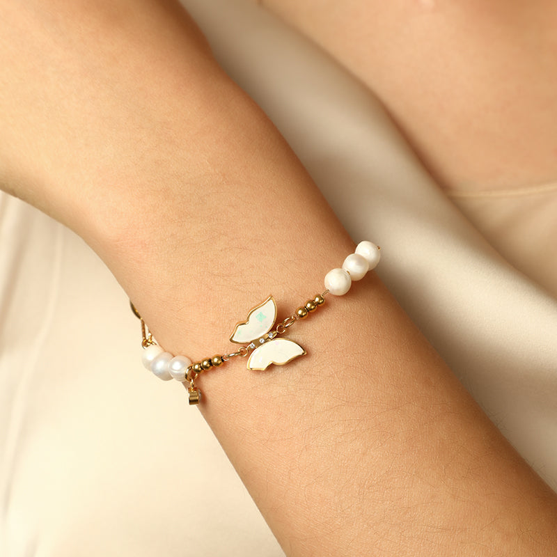 Elegant Simple Style Solid Color Butterfly Stainless Steel Beaded Plating Inlay Shell Zircon 14k Gold Plated Bracelets