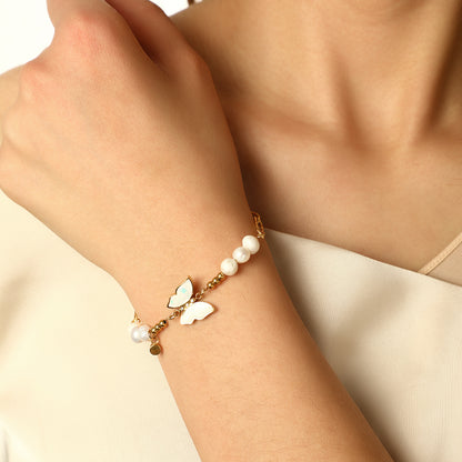 Elegant Simple Style Solid Color Butterfly Stainless Steel Beaded Plating Inlay Shell Zircon 14k Gold Plated Bracelets