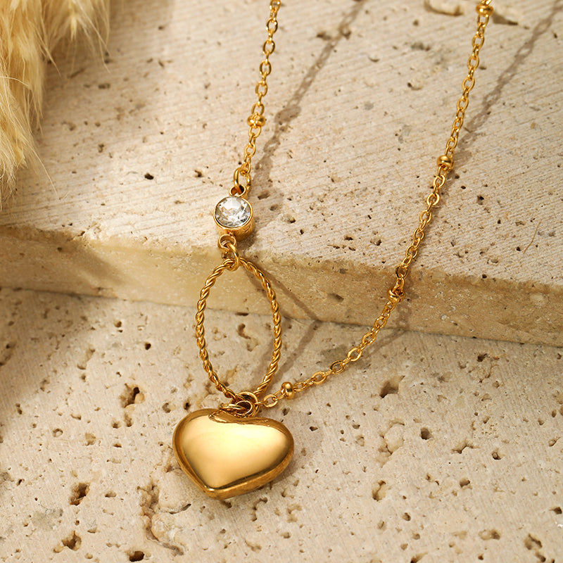 Elegant Simple Style Heart Shape Solid Color Stainless Steel Plating Inlay Zircon 18k Gold Plated Pendant Necklace