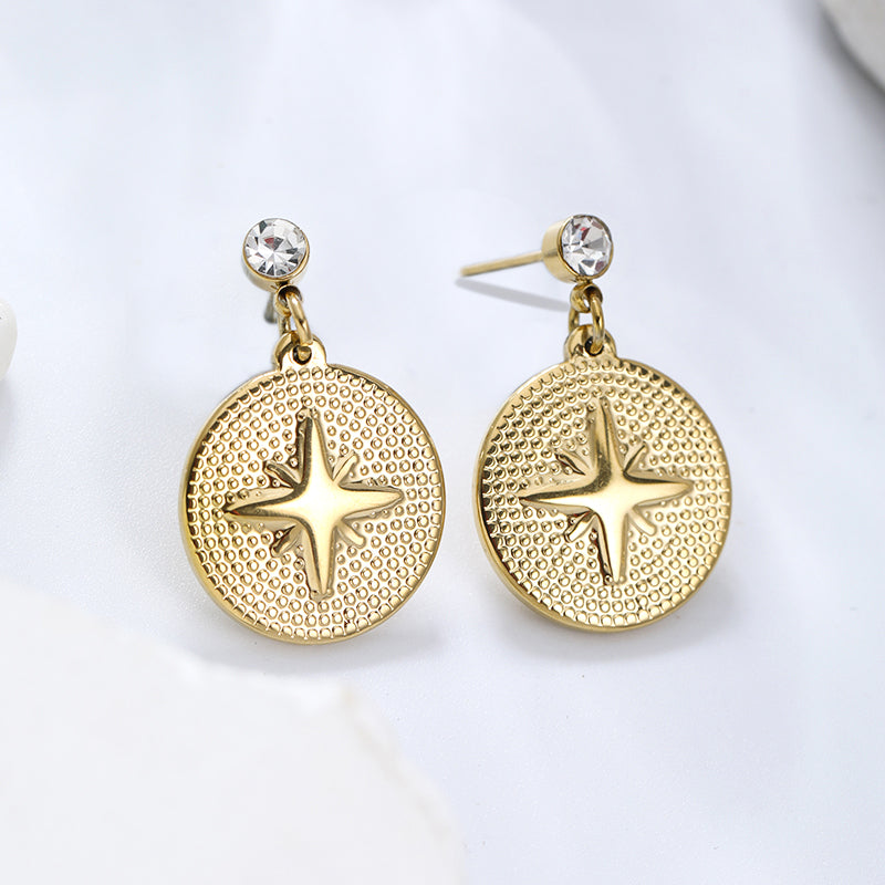 1 Pair Simple Style Classic Style Round Star Solid Color Plating Inlay Stainless Steel Artificial Diamond Drop Earrings