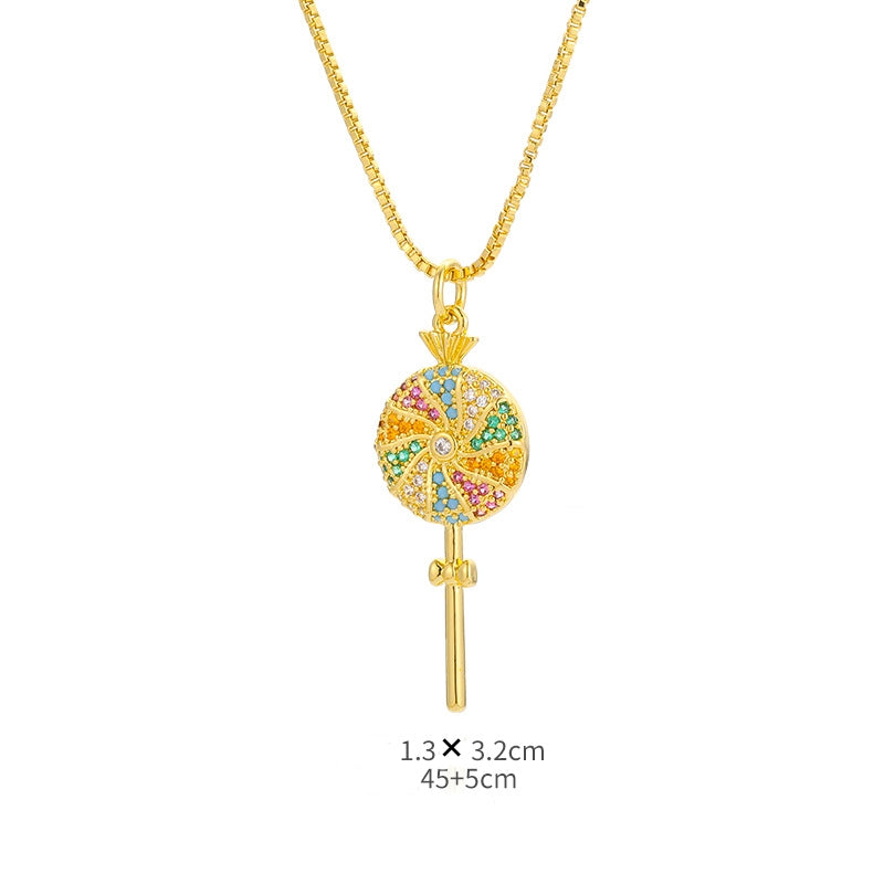 Ig Style Simple Style Rainbow Lollipop Copper Plating Inlay Zircon Gold Plated Pendant Necklace