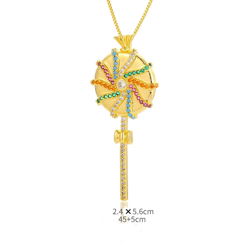 Ig Style Simple Style Rainbow Lollipop Copper Plating Inlay Zircon Gold Plated Pendant Necklace