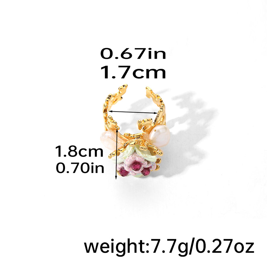 Baroque Style Vacation Flower Copper Plating Hollow Out Inlay Freshwater Pearl Zircon 18k Gold Plated Open Rings