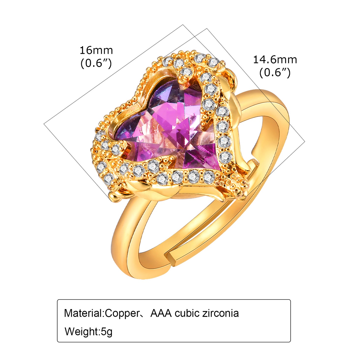 Wholesale IG Style Heart Shape Copper Plating Inlay Zircon Adjustable Ring