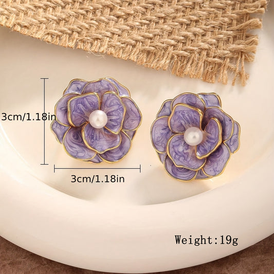 1 Pair Elegant Glam Flower Enamel Plating Inlay Copper Artificial Pearls Zircon Ear Studs
