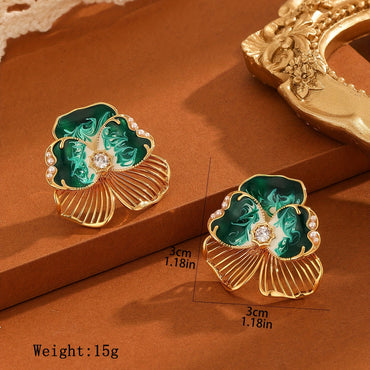 1 Pair Elegant Glam Flower Enamel Plating Inlay Copper Artificial Pearls Zircon Ear Studs