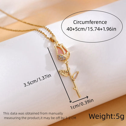 Casual Classic Style Tulip Stainless Steel Plating Inlay Rhinestones Opal Zircon Gold Plated Pendant Necklace