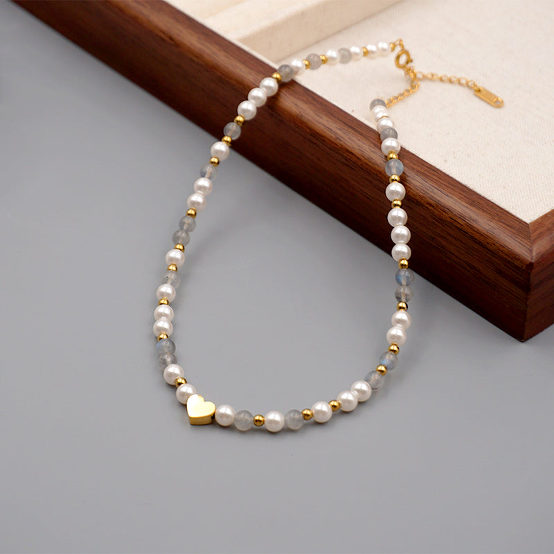 Elegant Glam Heart Shape Beaded Imitation Pearl Titanium Steel Beaded Plating Women's Bracelets Necklace