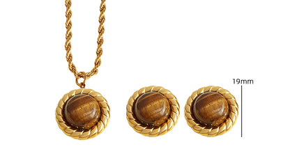 Titanium Steel Elegant Retro Round Plating Inlay Tiger Eye Earrings Necklace