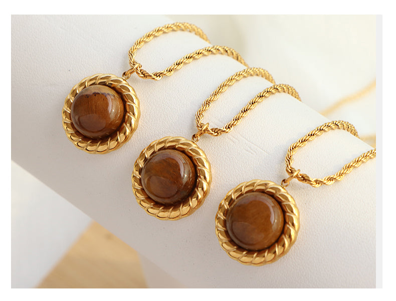 Titanium Steel Elegant Retro Round Plating Inlay Tiger Eye Earrings Necklace