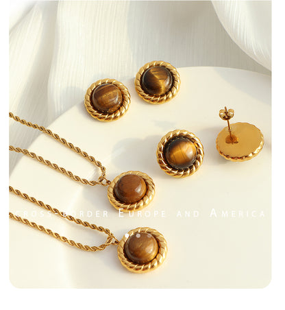 Titanium Steel Elegant Retro Round Plating Inlay Tiger Eye Earrings Necklace