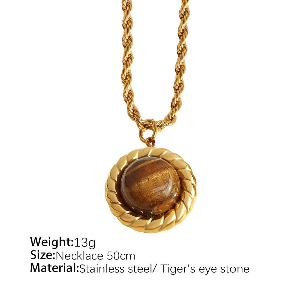 Titanium Steel Elegant Retro Round Plating Inlay Tiger Eye Earrings Necklace