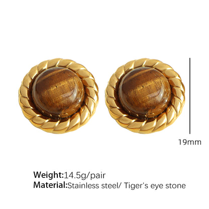 Titanium Steel Elegant Retro Round Plating Inlay Tiger Eye Earrings Necklace