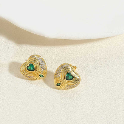 1 Pair Vintage Style Heart Shape Inlay Copper Zircon 14K Gold Plated Ear Studs