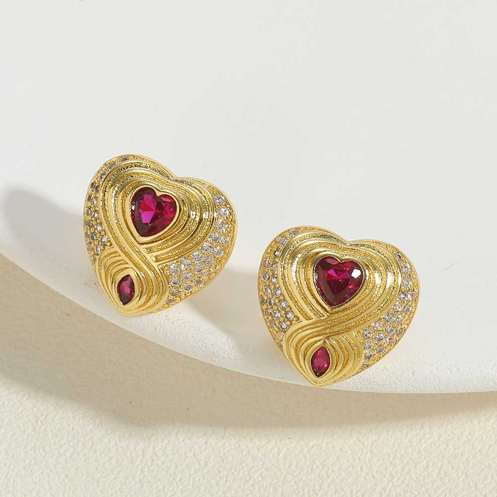 1 Pair Vintage Style Heart Shape Inlay Copper Zircon 14K Gold Plated Ear Studs