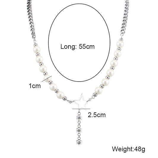 Hip-Hop Cool Style Star Stainless Steel Artificial Pearl Beaded Inlay Rhinestones Unisex Necklace