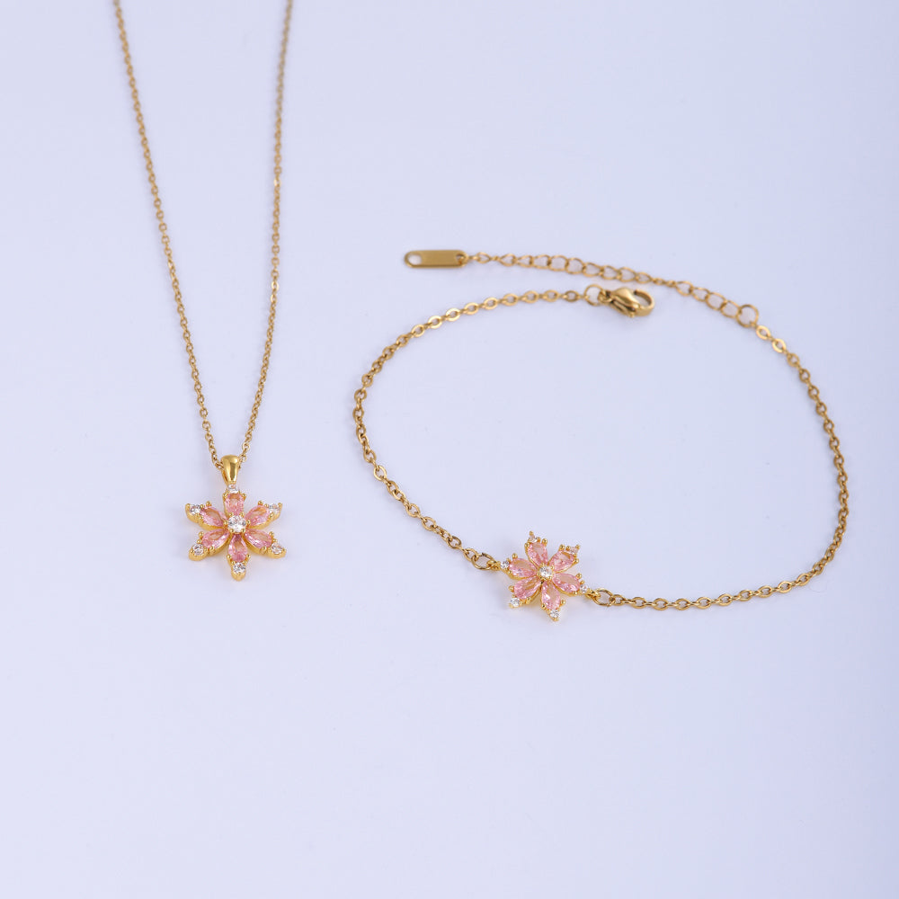 Stainless Steel Copper Sweet Flower Inlay Zircon Jewelry Set