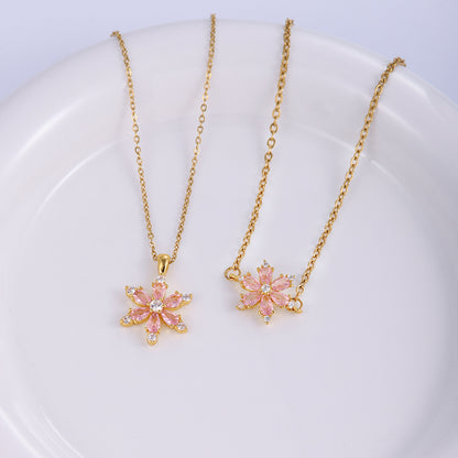 Stainless Steel Copper Sweet Flower Inlay Zircon Jewelry Set