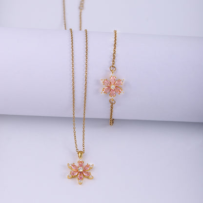 Stainless Steel Copper Sweet Flower Inlay Zircon Jewelry Set