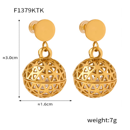 1 Pair Elegant Retro Round Ball Plating Hollow Out Inlay Titanium Steel Zircon 18k Gold Plated Drop Earrings