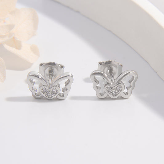 1 Pair Cute Heart Shape Butterfly Plating Inlay Sterling Silver Zircon Ear Studs