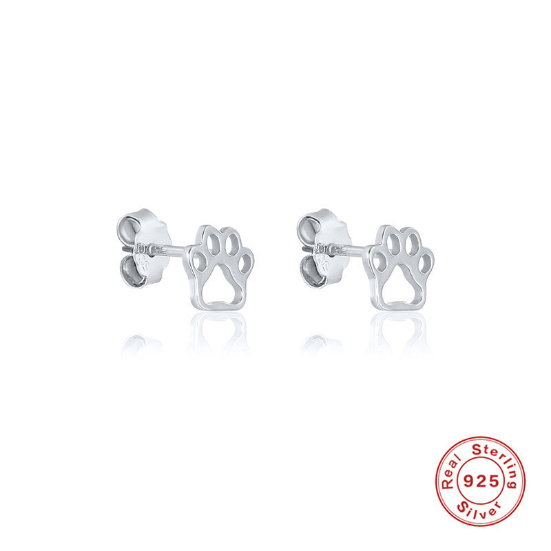 1 Pair Cute Paw Print Plating Sterling Silver Ear Studs