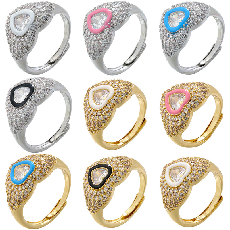 Wholesale Sweet Heart Shape Copper Enamel Plating Inlay Zircon Open Rings