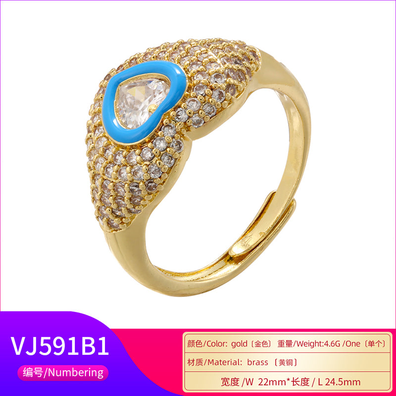 Wholesale Sweet Heart Shape Copper Enamel Plating Inlay Zircon Open Rings