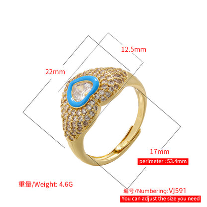 Wholesale Sweet Heart Shape Copper Enamel Plating Inlay Zircon Open Rings