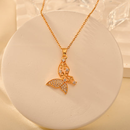 Copper Elegant Simple Style Flower Butterfly Plating Hollow Out Inlay Zircon Pendant Necklace