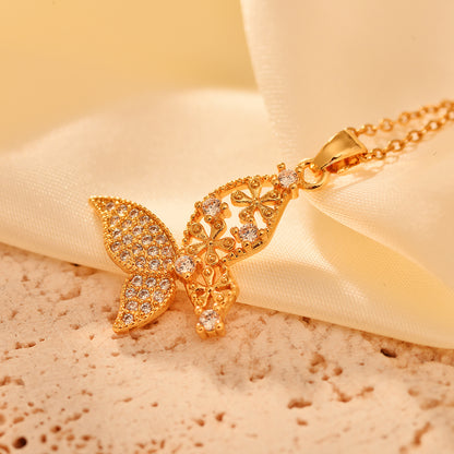 Copper Elegant Simple Style Flower Butterfly Plating Hollow Out Inlay Zircon Pendant Necklace