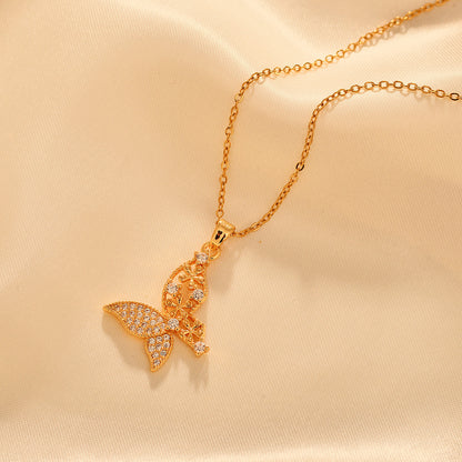 Copper Elegant Simple Style Flower Butterfly Plating Hollow Out Inlay Zircon Pendant Necklace