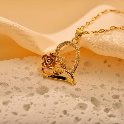 Stainless Steel Sweet Heart Shape Flower Asymmetrical Inlay Zircon Pendant Necklace