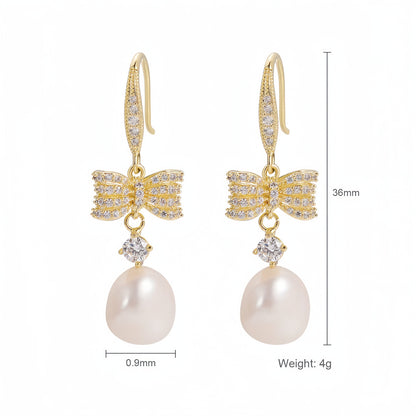 1 Pair Elegant Vacation Shiny Irregular Bow Knot Plating Inlay Copper Freshwater Pearl Zircon Drop Earrings