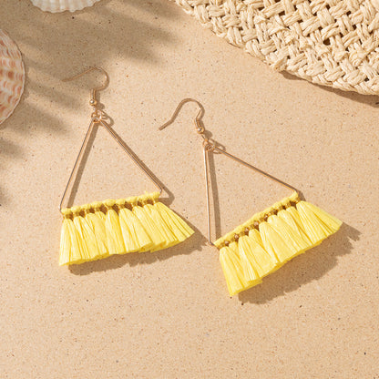 1 Pair Vacation Bohemian Triangle Round Water Droplets Tassel Straw Drop Earrings