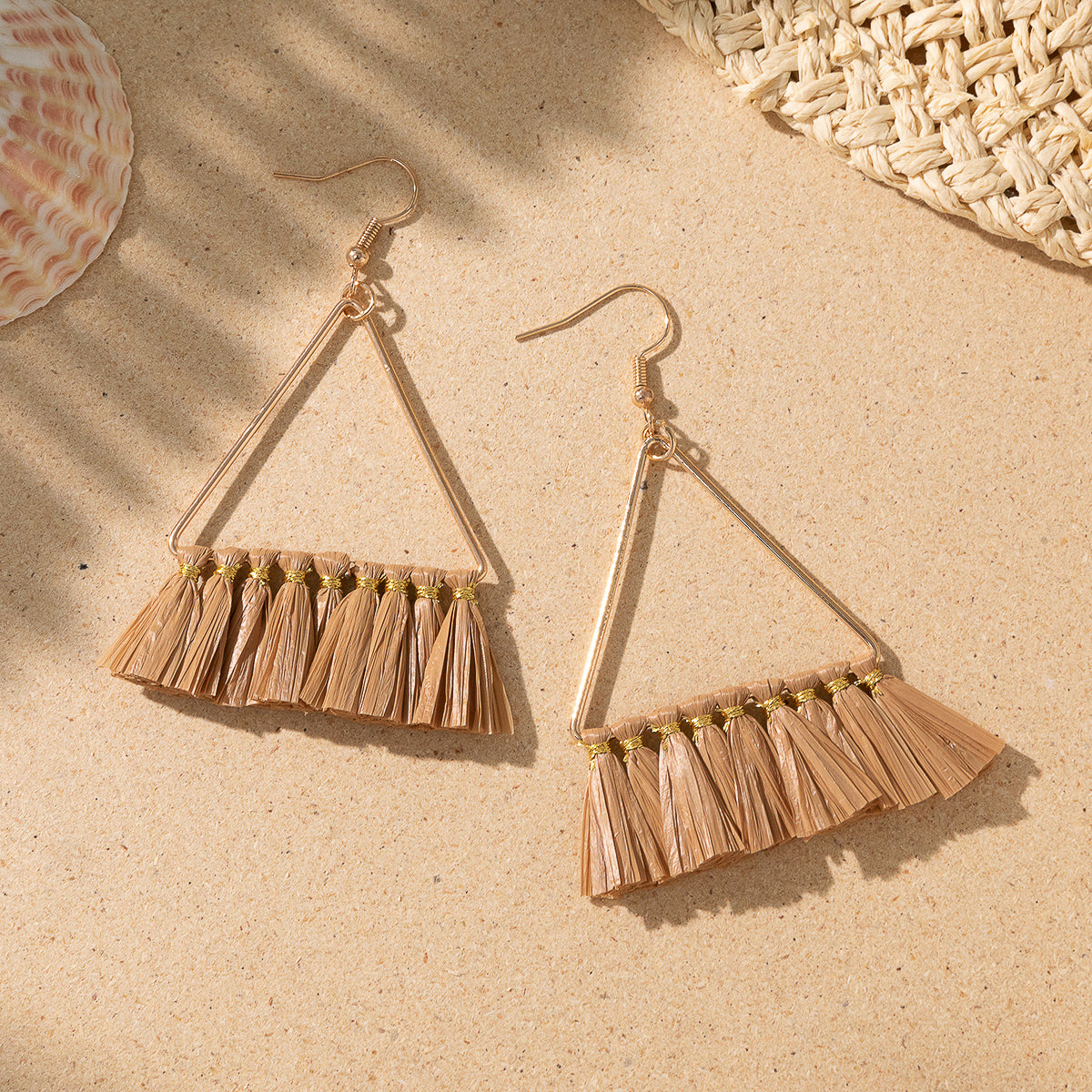 1 Pair Vacation Bohemian Triangle Round Water Droplets Tassel Straw Drop Earrings