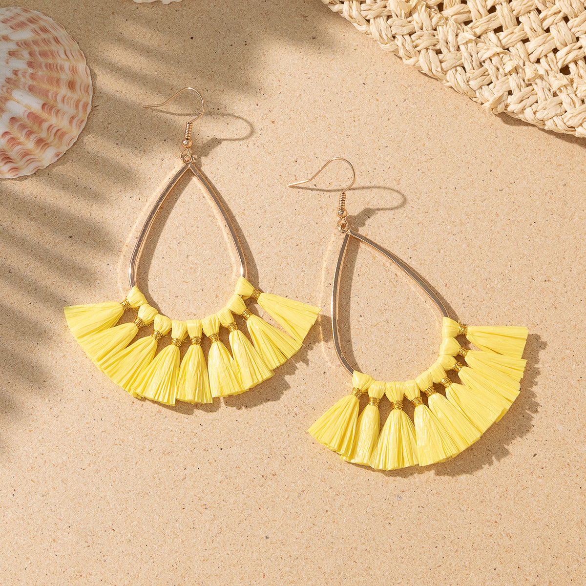 1 Pair Vacation Bohemian Triangle Round Water Droplets Tassel Straw Drop Earrings