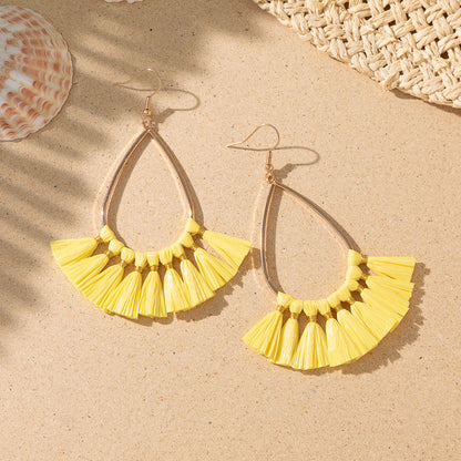 1 Pair Vacation Bohemian Triangle Round Water Droplets Tassel Straw Drop Earrings