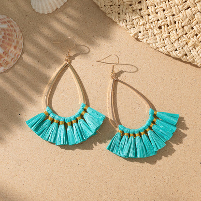 1 Pair Vacation Bohemian Triangle Round Water Droplets Tassel Straw Drop Earrings