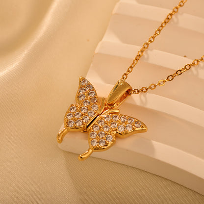 Titanium Steel IG Style Shiny Butterfly Inlay Zircon Pendant Necklace