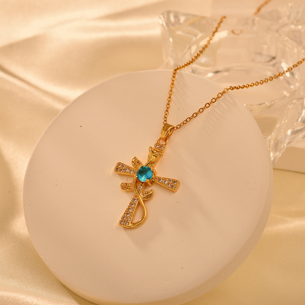 Titanium Steel French Style Modern Style Simple Style Cross Rose Inlay Zircon Pendant Necklace