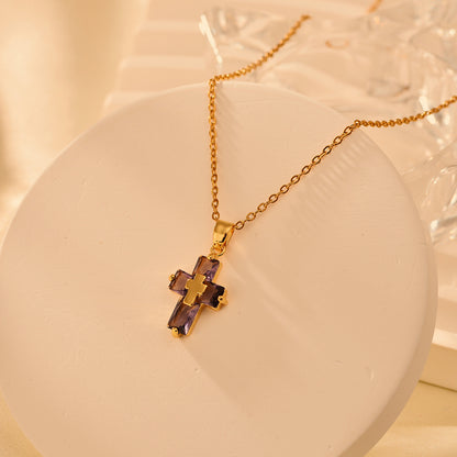 Copper 18K Gold Plated Nordic Style Classic Style Cross Inlay Zircon Pendant Necklace