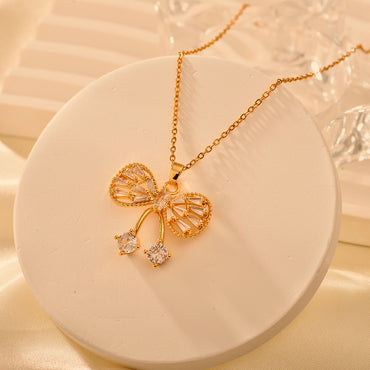 Copper Classical Handmade Funny Bow Knot Inlay Zircon Pendant Necklace