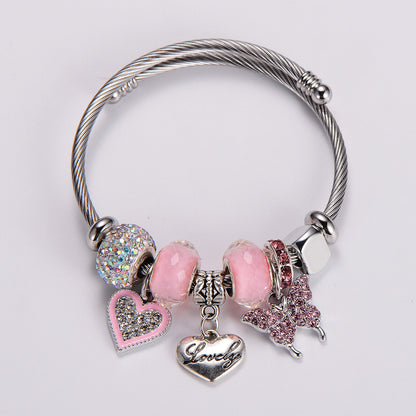 Stainless Steel Elegant Sweet Heart Shape Butterfly Inlay Rhinestones Wristband