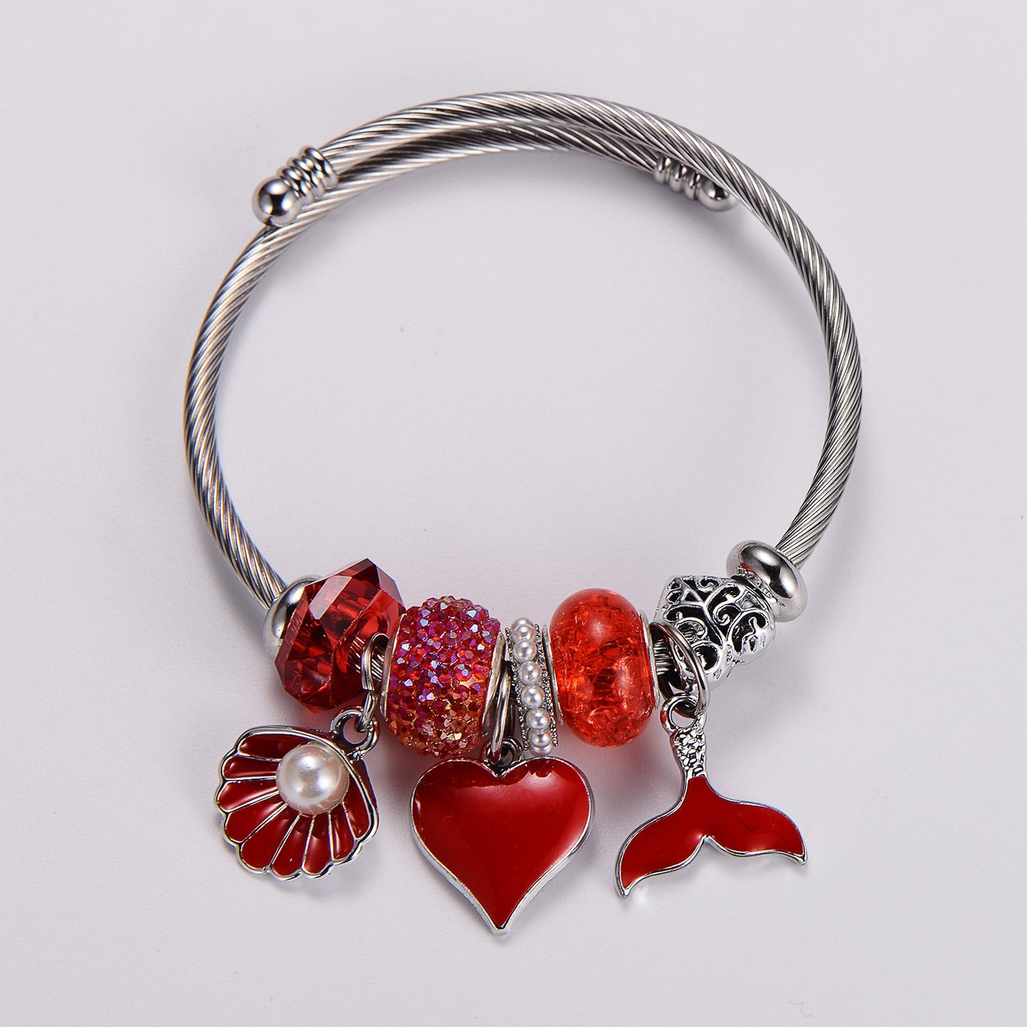 Stainless Steel Romantic Sweet Heart Shape Shell Fish Tail Inlay Artificial Pearls Wristband